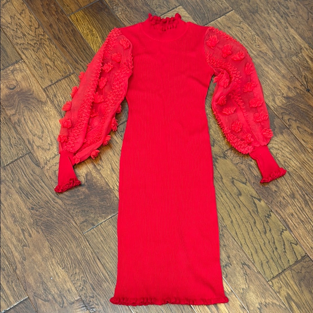 Chic Red Knit Dress with Textured Sleeves